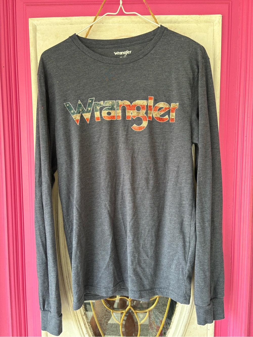 Wrangler Charcoal Long Sleeve Tee with Distressed Multi-Color Logo